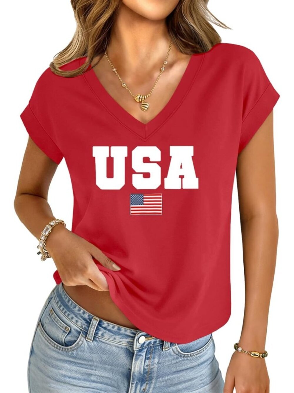 Women's Red USA V Neck Cap Sleeve Summer Basic Loose Fit Pull On Crop Tops